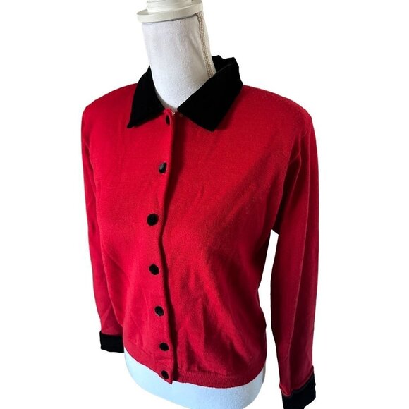 Vintage Valerie Stevens Red Sweater Cardigan Black Velvet Trim Merino Wool Sz M - Picture 3 of 11